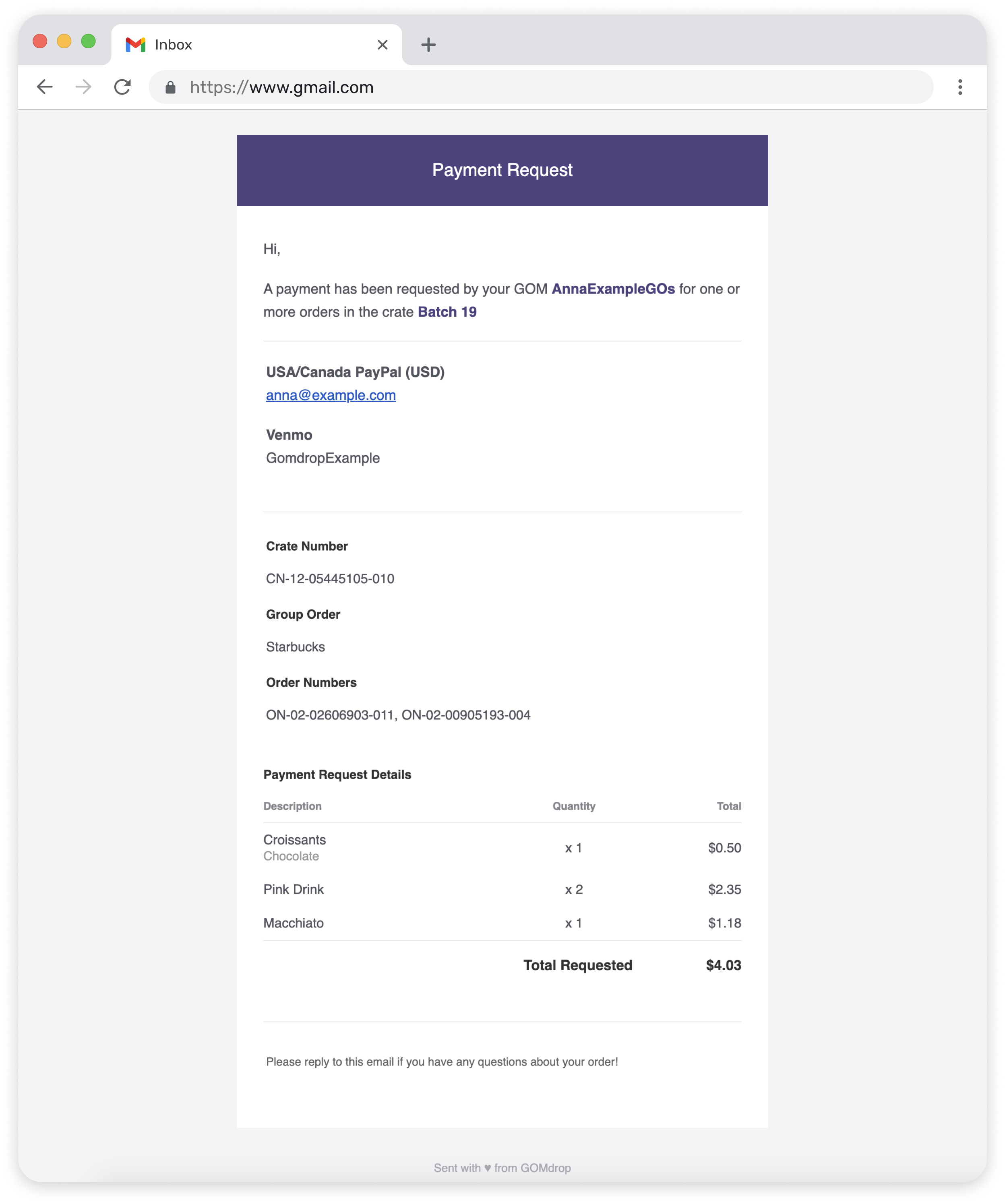 Preview of the payment request email